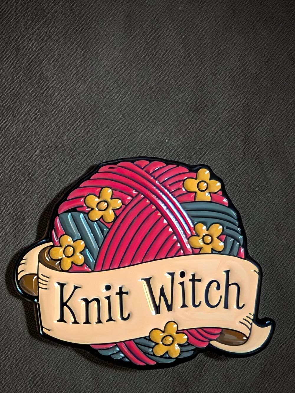 Knit Witch Enamel Pin - Red & Yellow Yarn Design